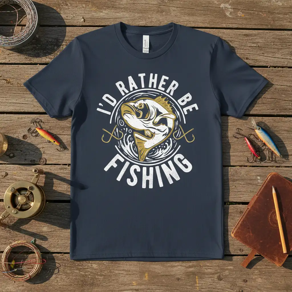 I'd Rather Be Fishing quote t-shirt featuring a detailed bass fish graphic and crossed hooks