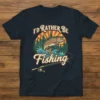 Vintage I'd Rather Be Fishing T-Shirt featuring a leaping rainbow trout, fishing rod, and pine trees
