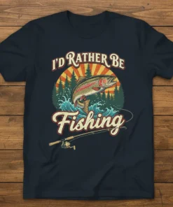 Vintage I'd Rather Be Fishing T-Shirt featuring a leaping rainbow trout, fishing rod, and pine trees