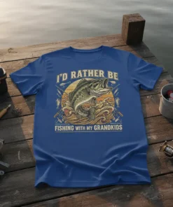 I'd Rather Be Fishing With My Grandkids t-shirt featuring a bass fish jumping from water with fishing rods and a