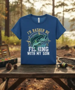 I'd Rather Be Fishing With My Son text and bass fish graphic on a blue t-shirt, fishing theme