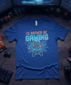 Blue t-shirt with "I'd Rather Be Gaming" text in neon orange and blue, featuring a circuit board graphic and game