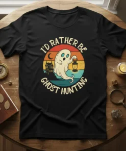 I'd Rather Be Ghost Hunting text on a t-shirt with a vintage sunset graphic featuring a cartoon ghost holding a