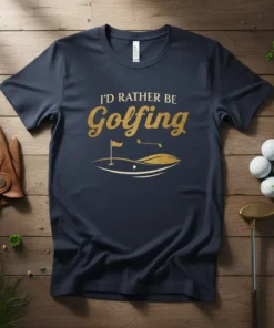 I'd Rather Be Golfing text with golf course graphic on a navy t-shirt