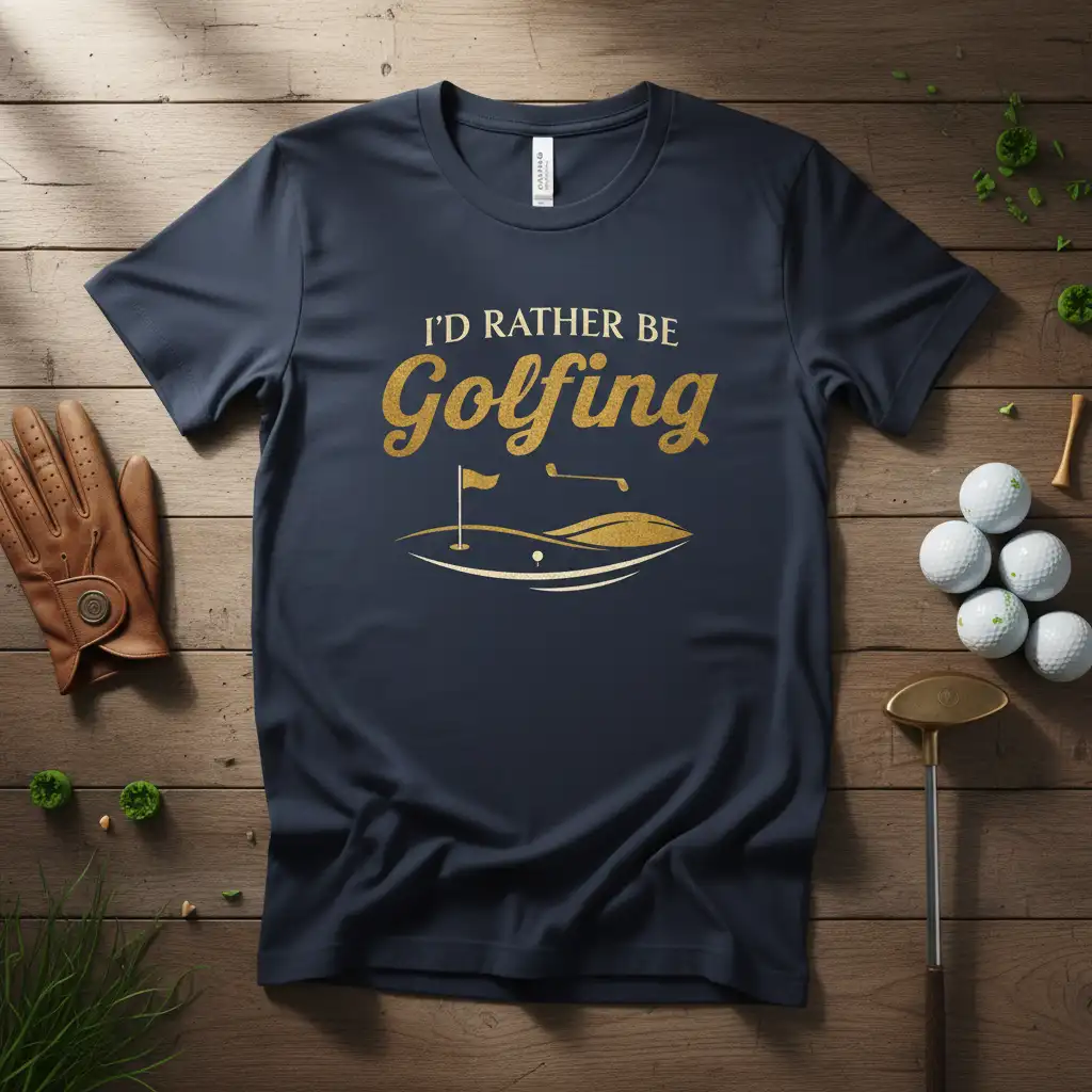 I'd Rather Be Golfing quote on a navy t-shirt with golf course graphic
