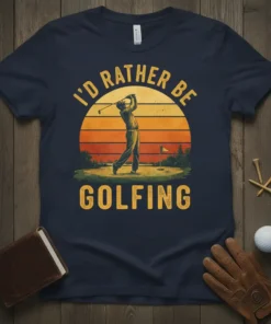 I'D RATHER BE GOLFING text with a golfer swinging at sunset graphic on a navy t-shirt
