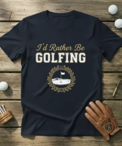 I'd Rather Be Golfing T-Shirt featuring bold text and a golf course graphic