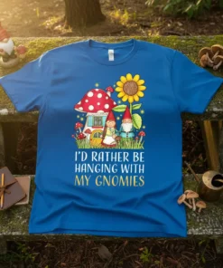 I'd Rather Be Hanging With My Gnomies text on a blue t-shirt with gnome and mushroom illustration