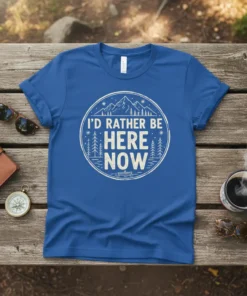 "I'd Rather Be Here Now" quote t-shirt with mountain and tree graphic, circle design, vintage style