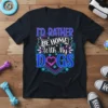 T-shirt with the phrase "I'd Rather Be Home With My Dogs" in blue and pink neon-style font, featuring dog paw