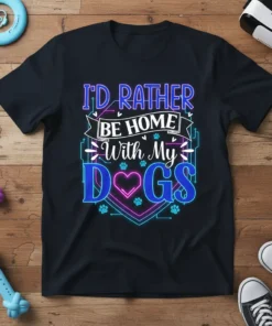 T-shirt with the phrase "I'd Rather Be Home With My Dogs" in blue and pink neon-style font, featuring dog paw