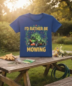 I'd Rather Be Mowing text with a green riding lawn mower graphic on a blue t-shirt
