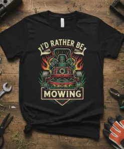 I'd Rather Be Mowing T-Shirt with a graphic of a lawn mower surrounded by flames and grass