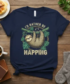 T-shirt with "I'd Rather Be Napping" text and a cute sloth hanging from a branch