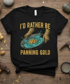 I'd Rather Be Panning Gold t-shirt featuring hands panning for gold in a stream, with gold nuggets visible