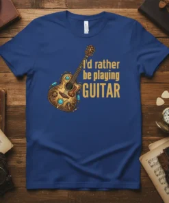 I'd Rather Be Playing Guitar T-Shirt with steampunk-inspired acoustic guitar graphic and golden text