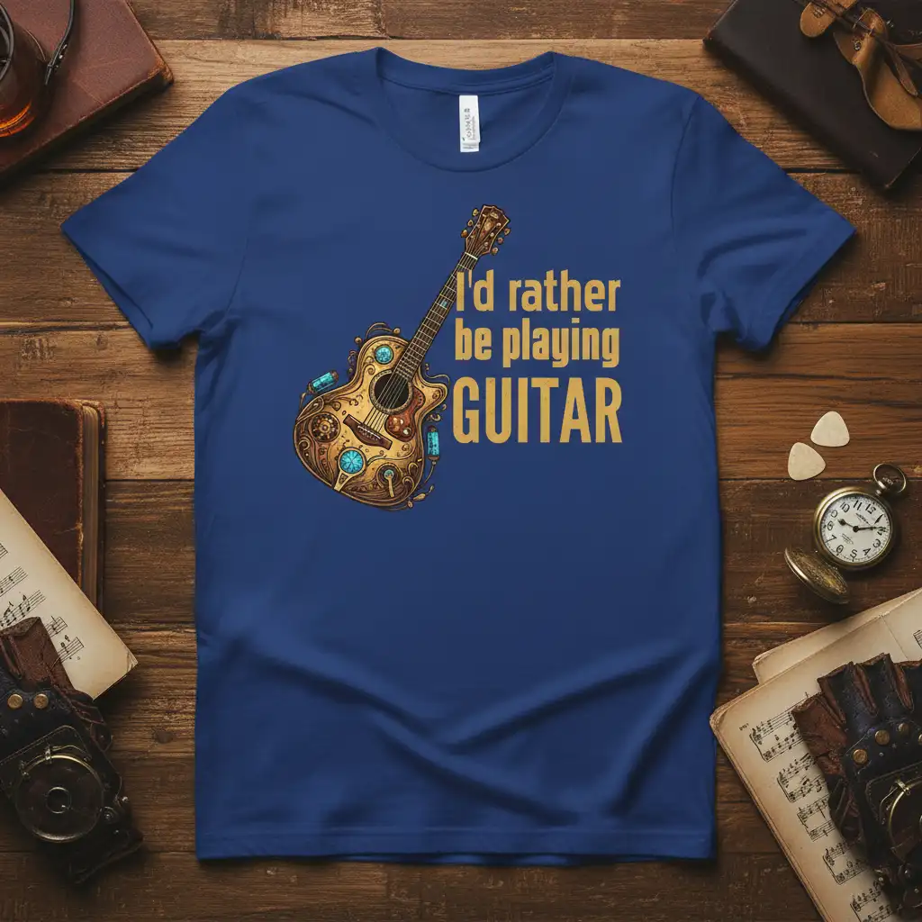 I'd Rather Be Playing GUITAR quote t-shirt featuring a detailed steampunk acoustic guitar and golden text