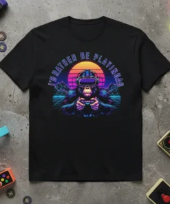 I'd Rather Be Playing text on a black t-shirt with a retro graphic of a gorilla wearing a VR headset