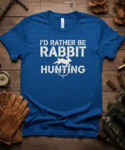 Blue t-shirt with white text "I'd Rather Be Rabbit Hunting" and a rabbit silhouette within crosshairs
