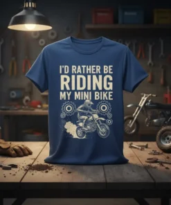 T-shirt with "I'd Rather Be Riding My Mini Bike" text and graphic of a rider on a mini bike