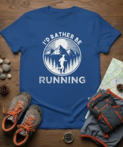 I'd Rather Be Running graphic tee featuring a runner silhouette in a mountain landscape, white distressed text