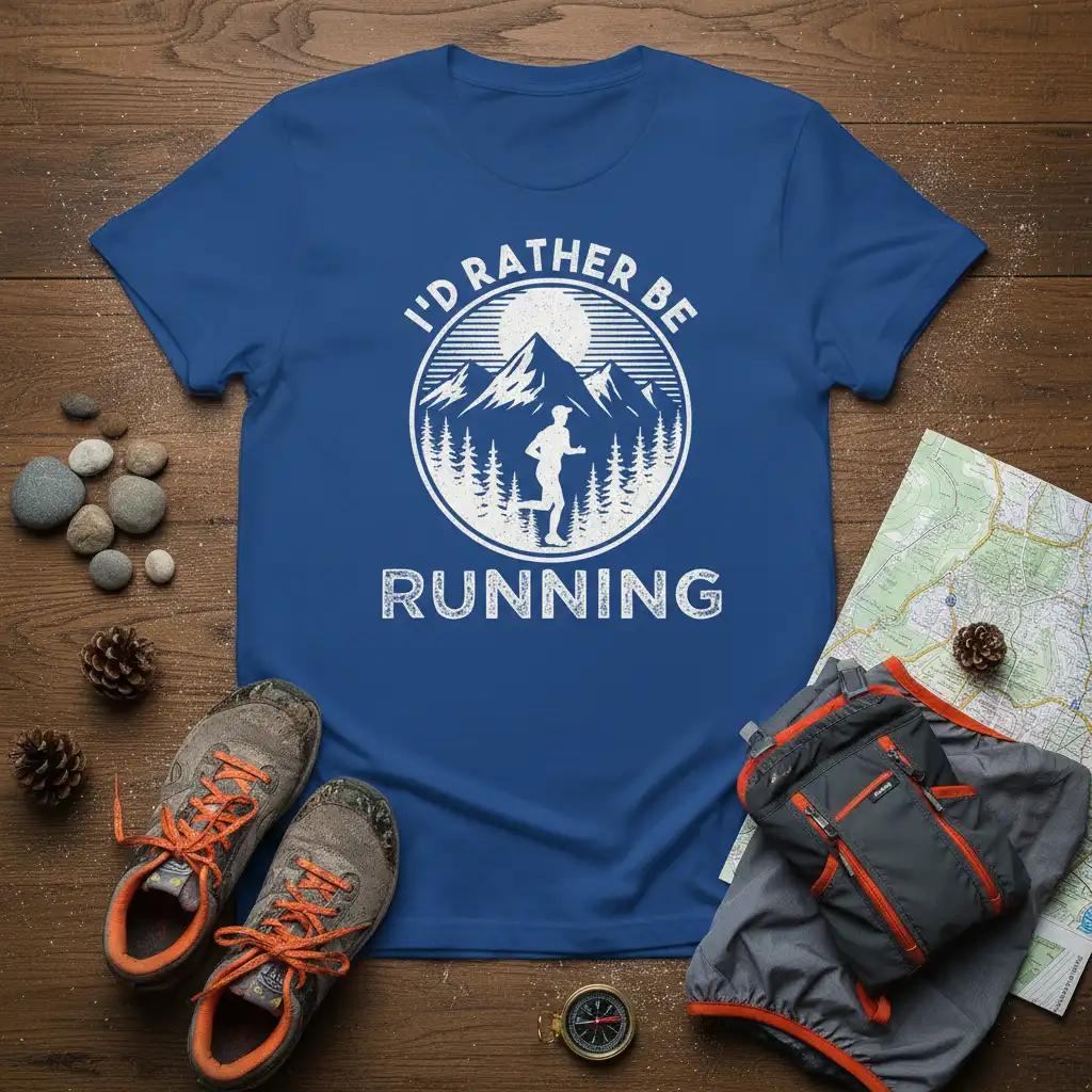 I'd Rather Be Running quote tee with mountain landscape graphic, white distressed typography