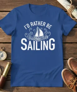 I'd Rather Be Sailing t-shirt with white text and sailboat graphic on blue shirt