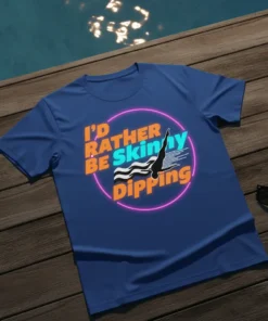 I'd Rather Be Skinny Dipping t-shirt design with retro neon circle and diver graphic