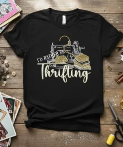 I'd Rather Be Thrifting t-shirt with sewing machine and fabric graphic, vintage style text