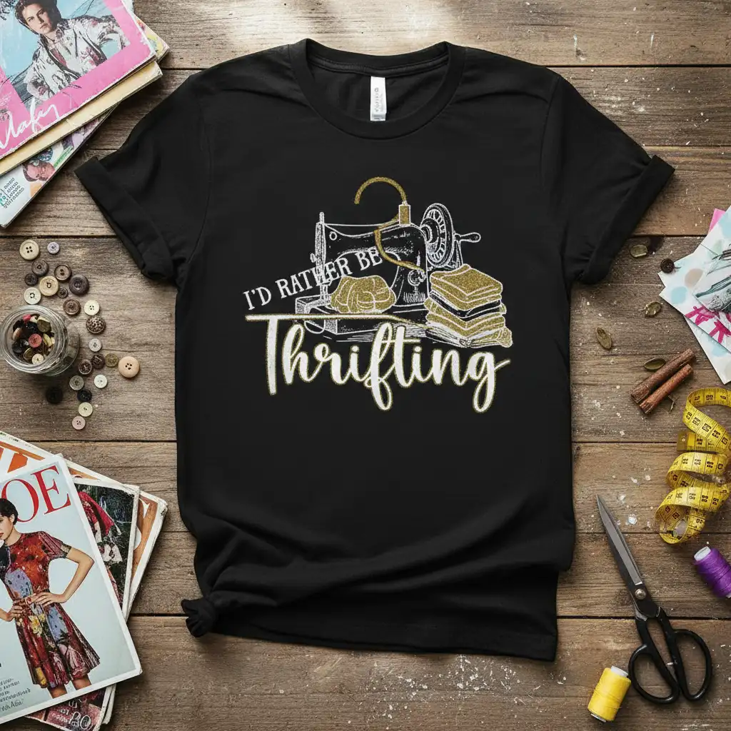 I'd Rather Be Thrifting quote with vintage sewing machine illustration on a black tee