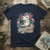 I'd Rather Be With My Axolotls quote on a navy t-shirt with a cute axolotl and babies design