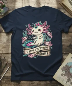 I'd Rather Be With My Axolotls quote on a navy t-shirt with a cute axolotl and babies design