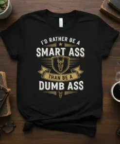 I'd Rather Be A Smart Ass Than Be A Dumb Ass quote on a black t-shirt with a donkey crest