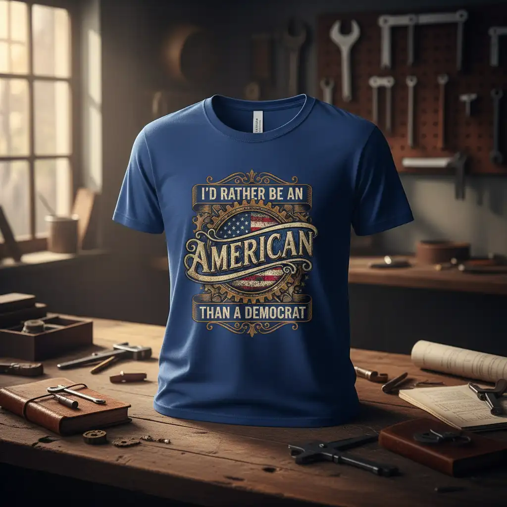 I'd Rather Be An American Than A Democrat text on a blue t-shirt with distressed American flag and gear graphic