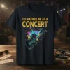 I'd Rather Be At A Concert t-shirt with electric guitar graphic and musical notes in retro style