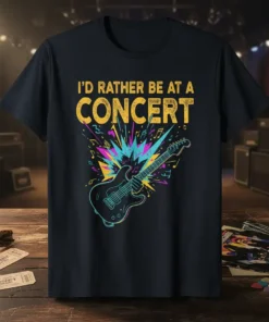 I'd Rather Be At A Concert t-shirt with electric guitar graphic and musical notes in retro style