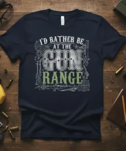 T-shirt design with text "I'd Rather Be At The Gun Range" featuring vintage firearms and target graphics