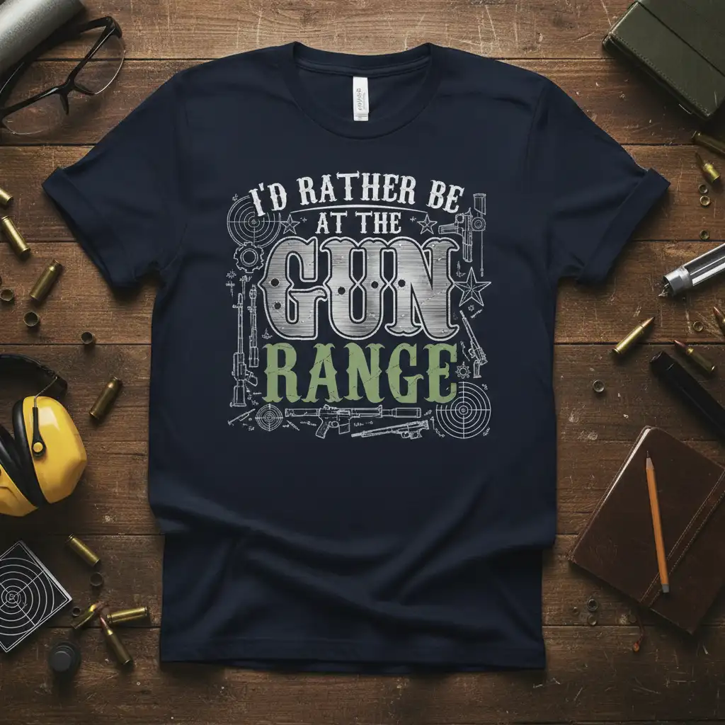 I'd Rather Be At The Gun Range graphic tee featuring vintage firearms and target illustrations