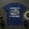 I'd Rather Be At The Range t-shirt with gun and American flag design