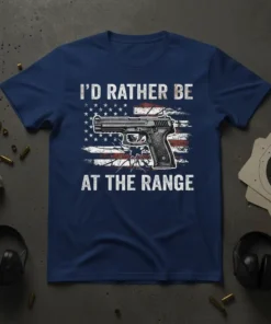 I'd Rather Be At The Range t-shirt with gun and American flag design
