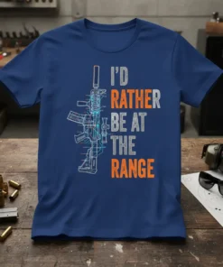 I'D Rather Be At The Range T-Shirt featuring AR-15 blueprint graphic and bold text