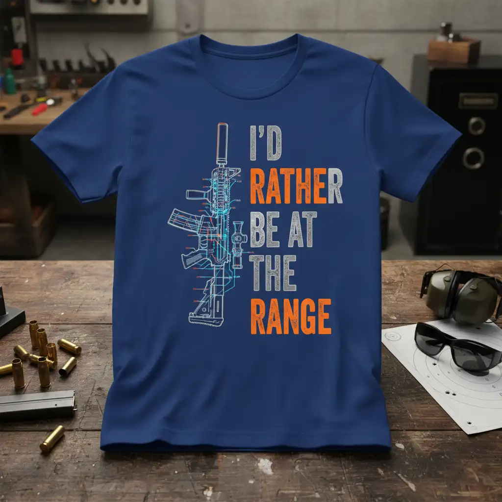 I'D Rather Be At The Range quote with AR-15 schematic graphic on a blue tee