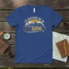 I'd Rather Be In Virginia text with lighthouse, mountains, and buildings graphic on a blue t-shirt