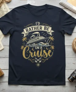 I'd Rather Be On A Cruise t-shirt with a vintage ship graphic and palm trees