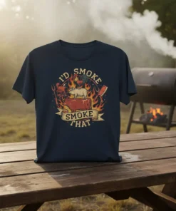 I'D SMOKE SMOKE THAT t-shirt with stacked cow, pig, and rooster design, surrounded by flames and BBQ tools