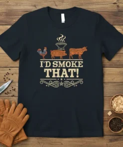I'D SMOKE THAT! text design with graphics of a rooster, pig, cow, and grill on a black t-shirt