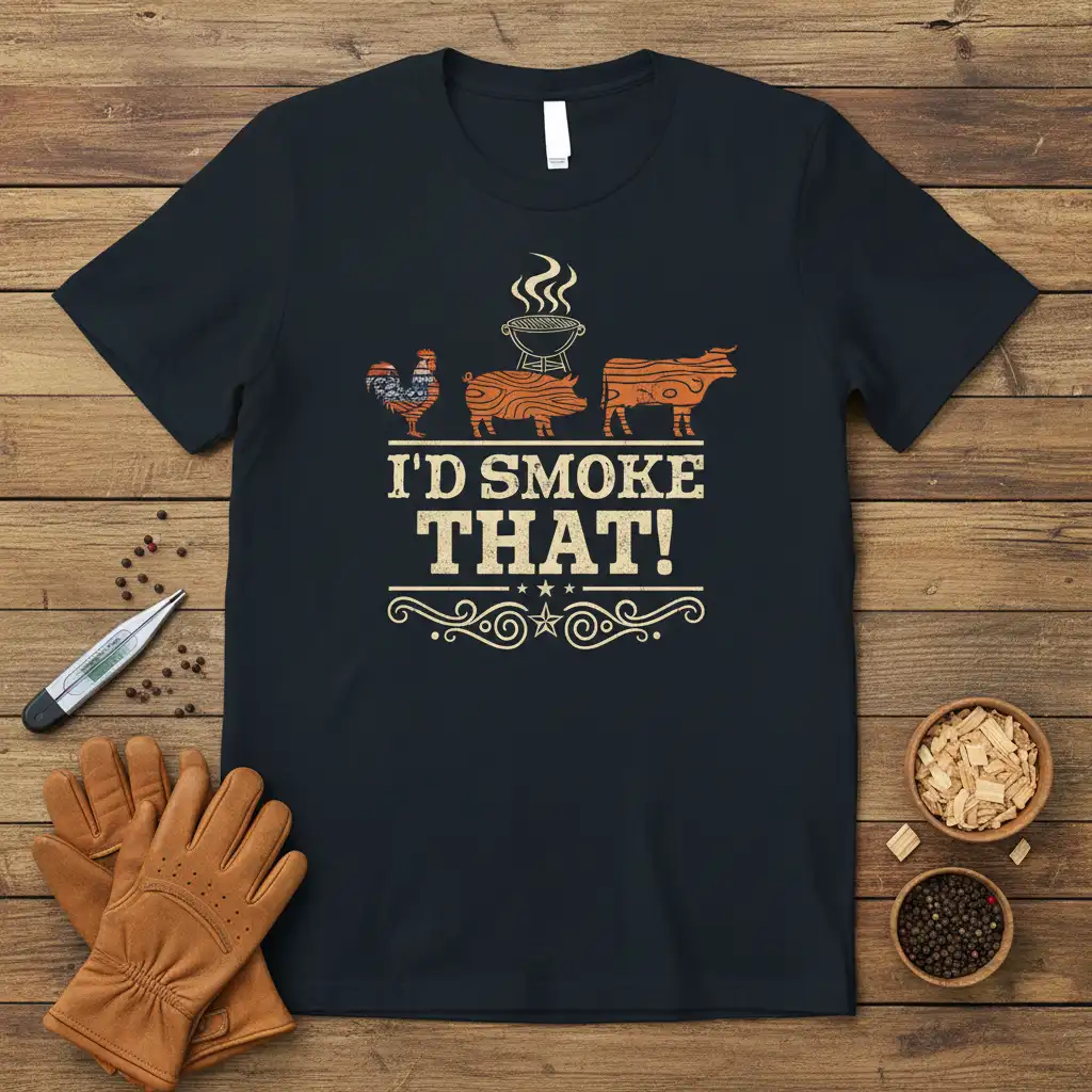 I'D SMOKE THAT! quote t-shirt design featuring iconic barbecue meats and grill graphic