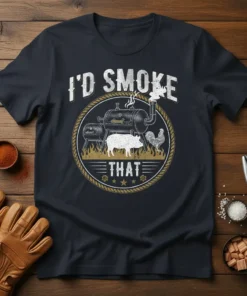 I'D SMOKE THAT t-shirt design featuring a barbecue smoker, pig, and chicken graphic with distressed text