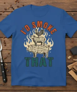 I'D SMOKE THAT T-Shirt design featuring a pig, sheep, and chicken stacked with barbecue cuts and flames