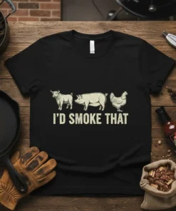 I'd Smoke That text with illustrations of a bull, pig, and chicken on a black t-shirt